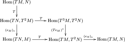 \displaystyle    \xymatrix{   \Hom(TM,N) \ar[d]_{T} & \\   \Hom(TN, T^2 M) \ar[r]^T \ar[d]_{(e_M)_*} &    \Hom(T^3 M , T^2 N) \ar[d]_{(T e_M)^*} \\   \Hom(TN, M) \ar[r]^-T & \Hom(TM, T^2N) \ar[r]^{(e_N)_*} & \Hom(TM, N) }