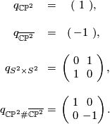 \displaystyle  \begin{array}{ccc} q_{\mathbb{CP}^2}  & =  & ( \ 1 \ ) , \\  \\ q_{\overline{\mathbb{CP}^2}} & =  & ( \, -1 \ ) , \\ \\ q_{S^2 \times S^2} \ & = & \ \begin{pmatrix} \ 0 \ & \ 1 \ \\ 1 & 0  \end{pmatrix} , \\ \\ q_{\mathbb{CP}^2 \# \overline{\mathbb{CP}^2}} \ & = & \ \begin{pmatrix} \ 1 \ & \ 0 \ \\ 0 & -1  \end{pmatrix} . \end{array}