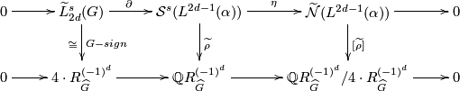 \displaystyle  \xymatrix{ 0 \ar[r] & {\widetilde L}^s_{2d} (G) \ar[r]^(0.4){\partial} \ar[d]_{\cong}^{G-sign} & {\mathcal S}^s (L^{2d-1}(\alpha)) \ar[r]^{\eta} \ar[d]^{\widetilde \rho}& \widetilde {\mathcal N} (L^{2d-1}(\alpha)) \ar[r] \ar[d]^{[\widetilde \rho]}& 0 \\ 0 \ar[r] & 4 \cdot R^{(-1)^d}_{\widehat G} \ar[r] & {\mathbb Q} R^{(-1)^d}_{\widehat G} \ar[r] & {\mathbb Q} R^{(-1)^d}_{\widehat G}/ 4 \cdot R^{(-1)^d}_{\widehat G} \ar[r] & 0 }