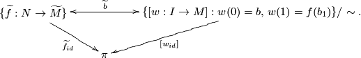 \displaystyle \xymatrix{ \{\widetilde{f}:N\to \widetilde{M}\} \ar@{<->}[rr]^-{\widetilde{b}} \ar[dr]_-{\widetilde{f}_{id}} && \{[w:I\to M]: w(0)=b,\,w(1)=f(b_1)\}/\sim \ar[dl]^-{[w_{id}]} \\ & \pi & }.